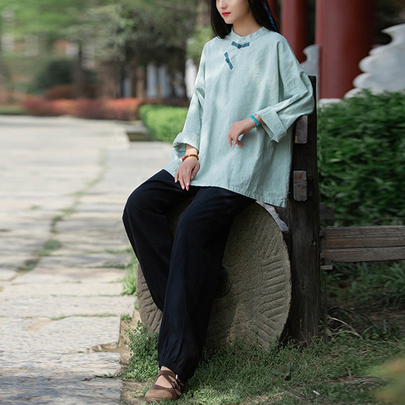 Ramie Linen Loose Blouse Women Long Sleeve Shirt Chinese Hanfu Top