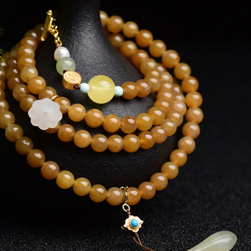 Natural Hetian & White Jade, Amber, Turquoise, Pearl & Topaz Lotus Beaded Bracelet