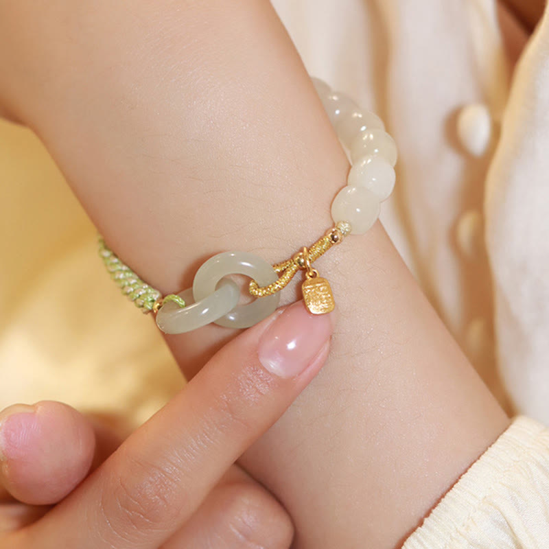 Natural Hetian Jade Bead Double Peace Buckle Fu Character Abundance Braided Bracelet