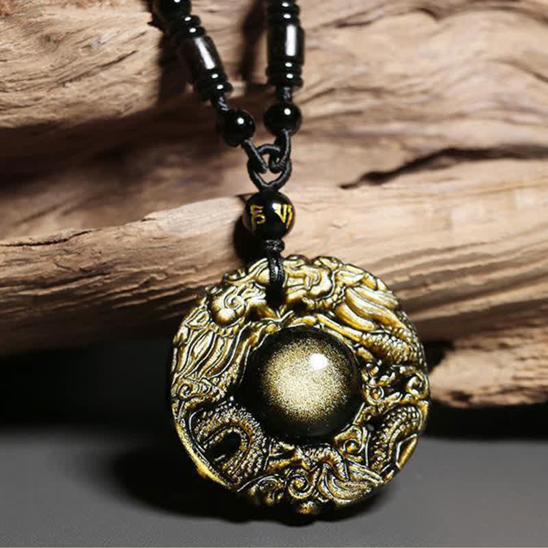 Natural Gold Sheen Obsidian Rainbow Obsidian Dragon Strength Necklace Pendant (Extra 35% Off | USE CODE: FS35)