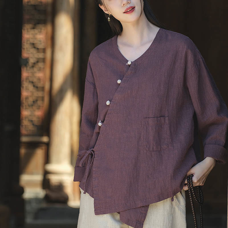 Solid Color Ramie Linen Loose Blouse Long Sleeve Shirt Chinese Hanfu Top