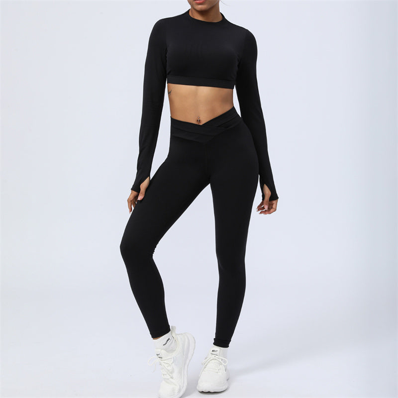 2Pcs Long Sleeve Backless Top Bra Leggings Pants Fitness Yoga Outfit Set
