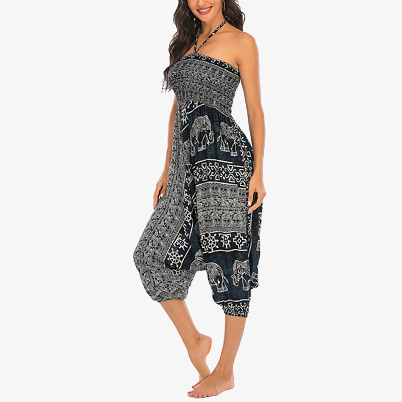 Two Style Wear Elephant Pattern Loose Smocked Harem Trousers Jumpsuit Women's Yoga Pants