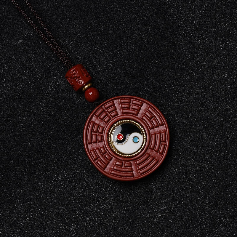 Natural Cinnabar Bagua Rotatable Yin Yang Keep Away Evil Spirits Necklace Pendant