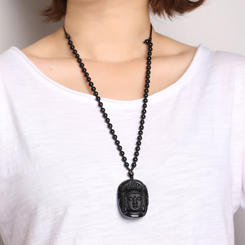Natural Black Obsidian Kwan Yin Avalokitesvara Strength String Necklace Pendant
