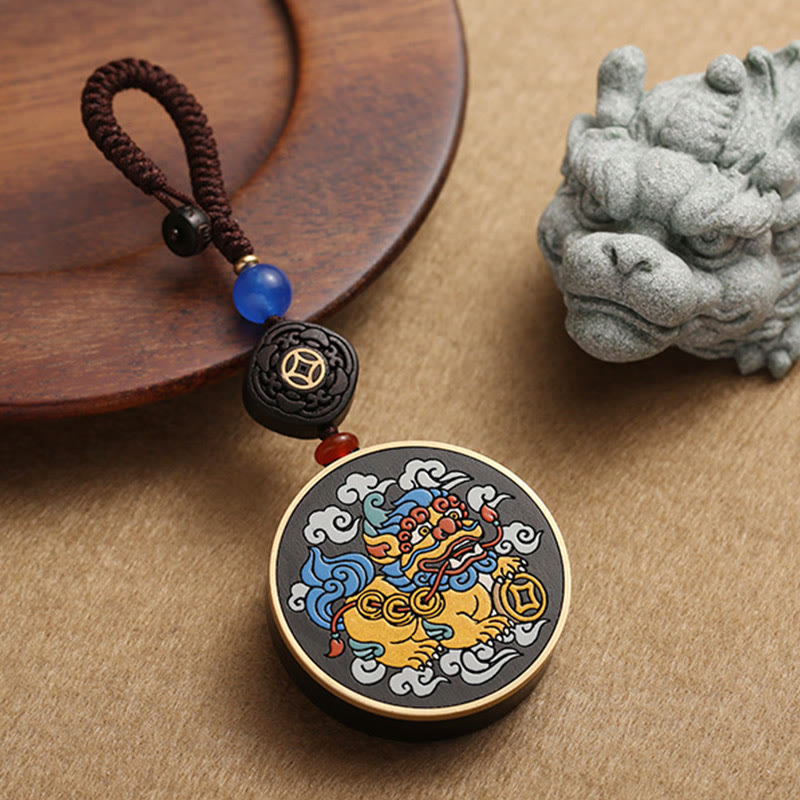 PiXiu Copper Coin Ebony Wood Luck Attract Wealth Key Chain Decoration