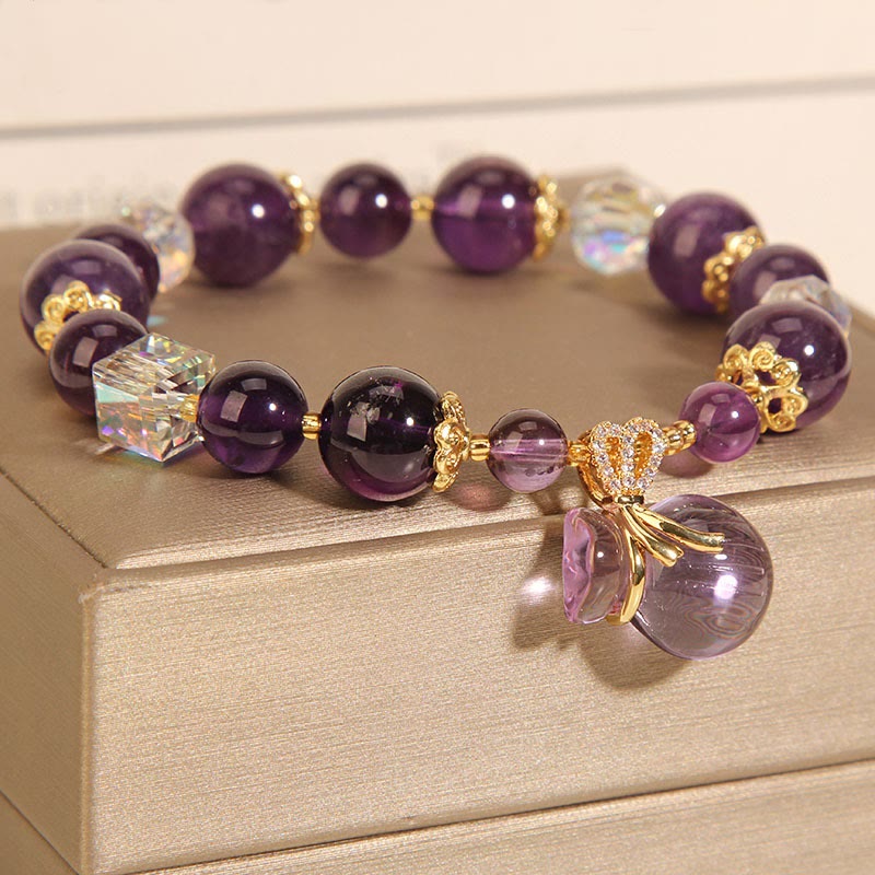 Natural Amethyst Crystal Money Bag Charm Positive Bracelet