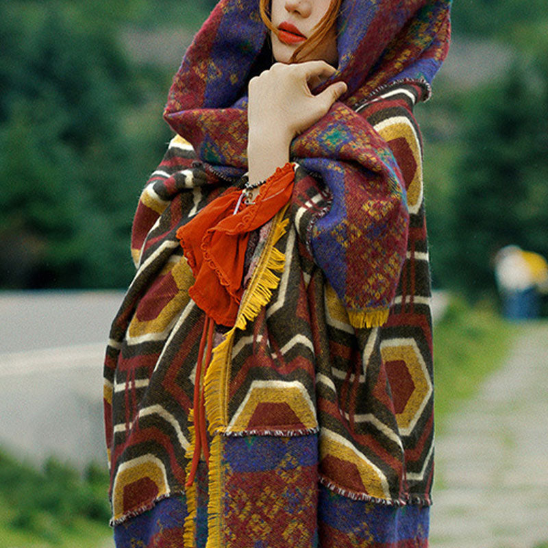 Tibetan Shawl Brown Blue Red Geometric Shapes Pattern Winter Cozy Travel Scarf Wrap
