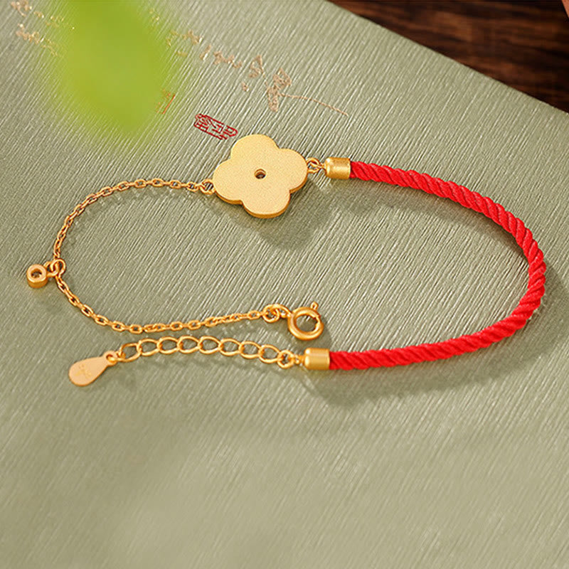 Handmade Red String Bracelet with Gold Plated 925 Sterling Silver Four-Leaf Clover and Zircon