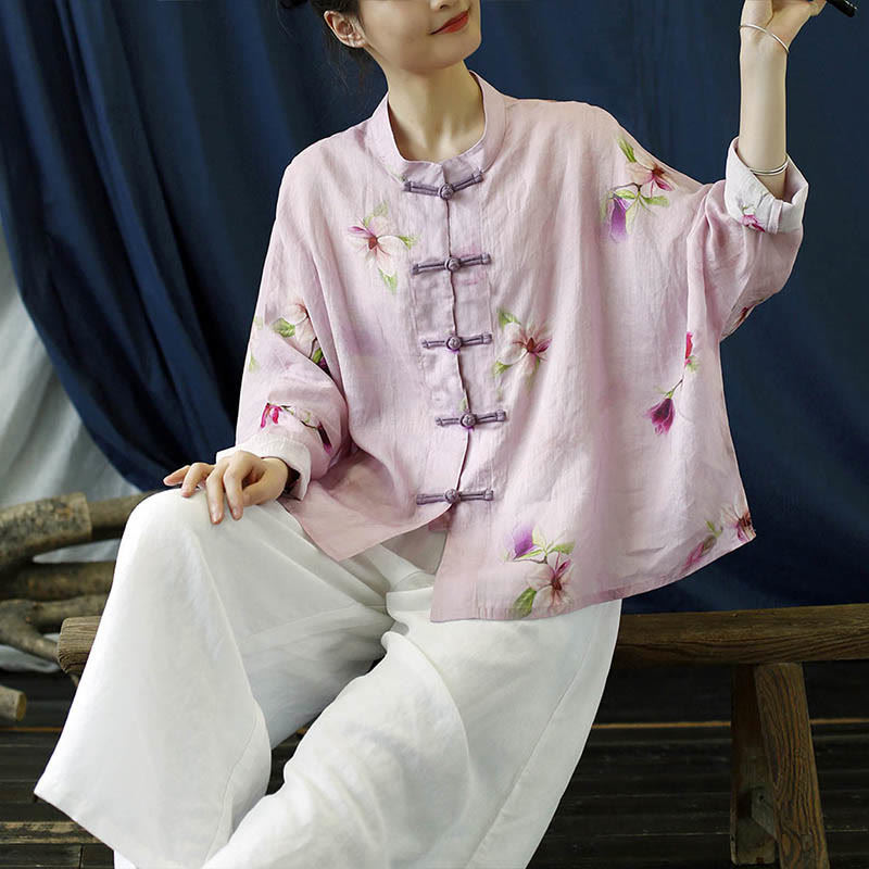 Pink Flower Print Frog-button Design Batwing Long Sleeve Ramie Linen Jacket Shirt
