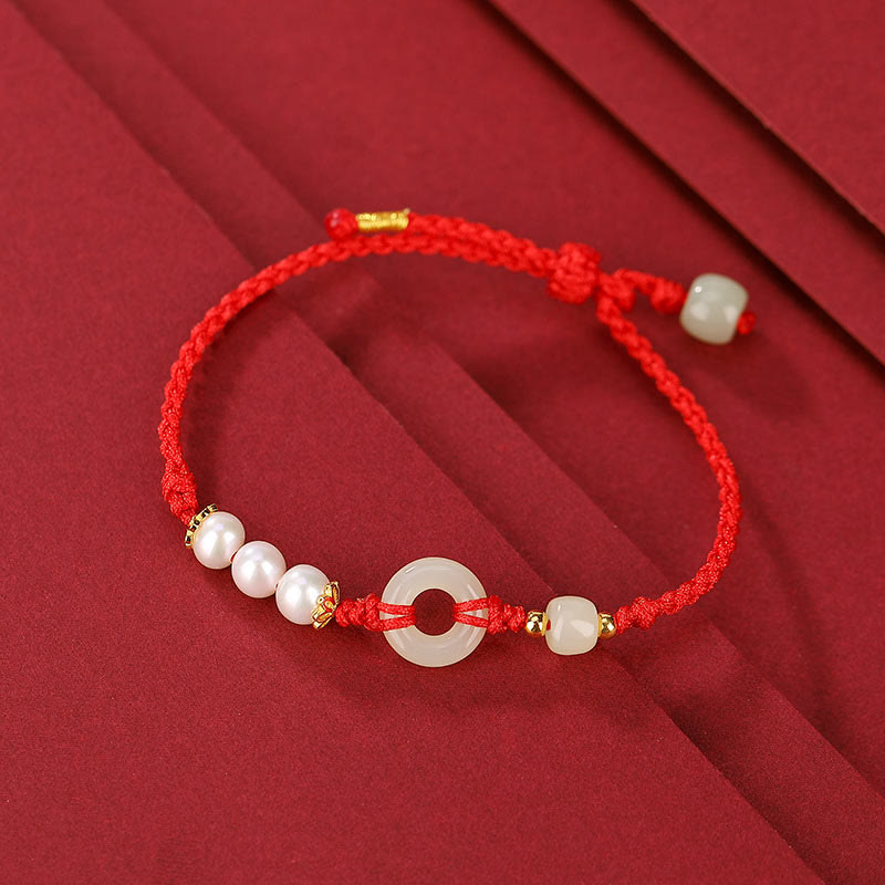 Hetian Jade Ping An Kou Pearl 925 Sterling Silver Gold Plated Red String Bracelet