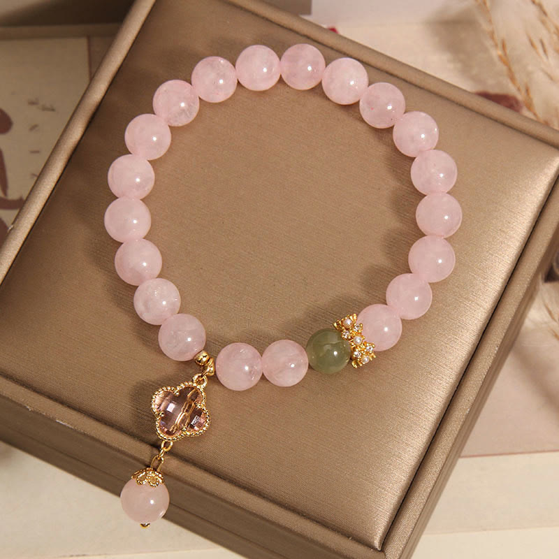 Natural Pink Crystal Four Leaf Clover Soothing Bracelet