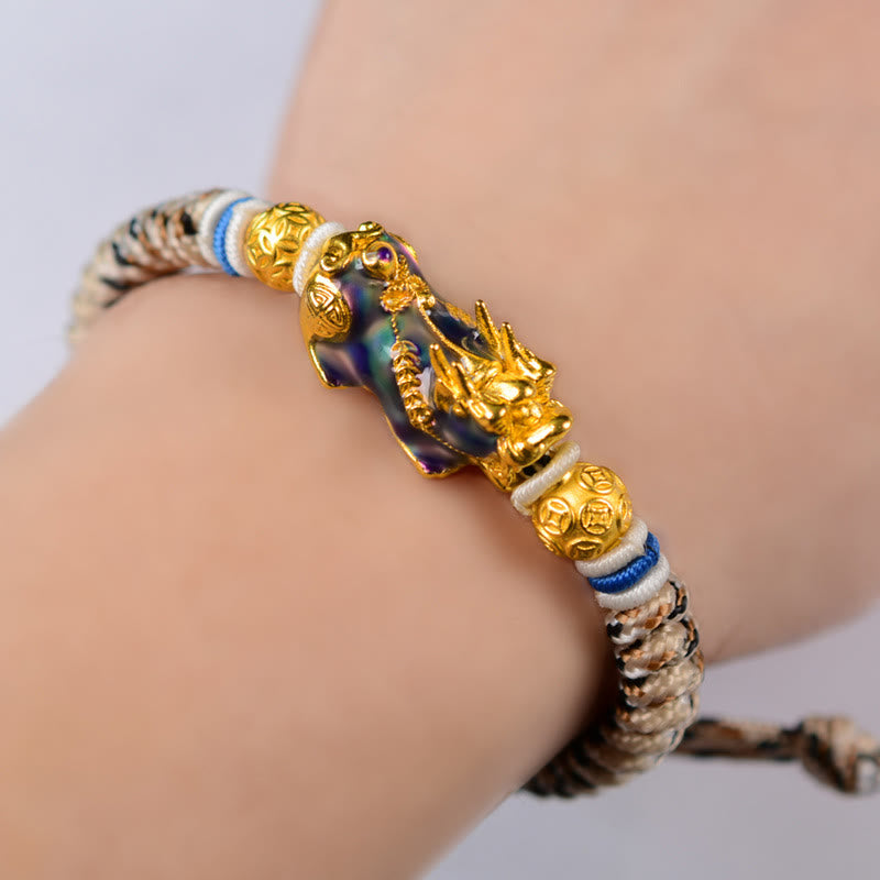 Color-Changing Gold & Copper Chinese Coin Pixiu Adjustable Cord Bracelet