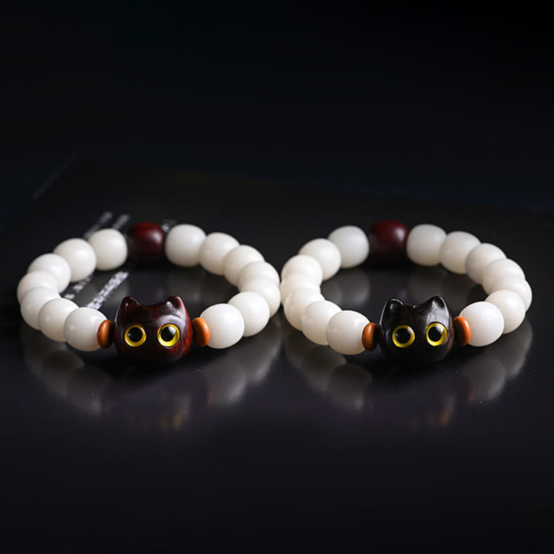 Natural Bodhi Seed Small Leaf Red Sandalwood Ebony Wood Cute Lucky Cat Wisdom Bracelet