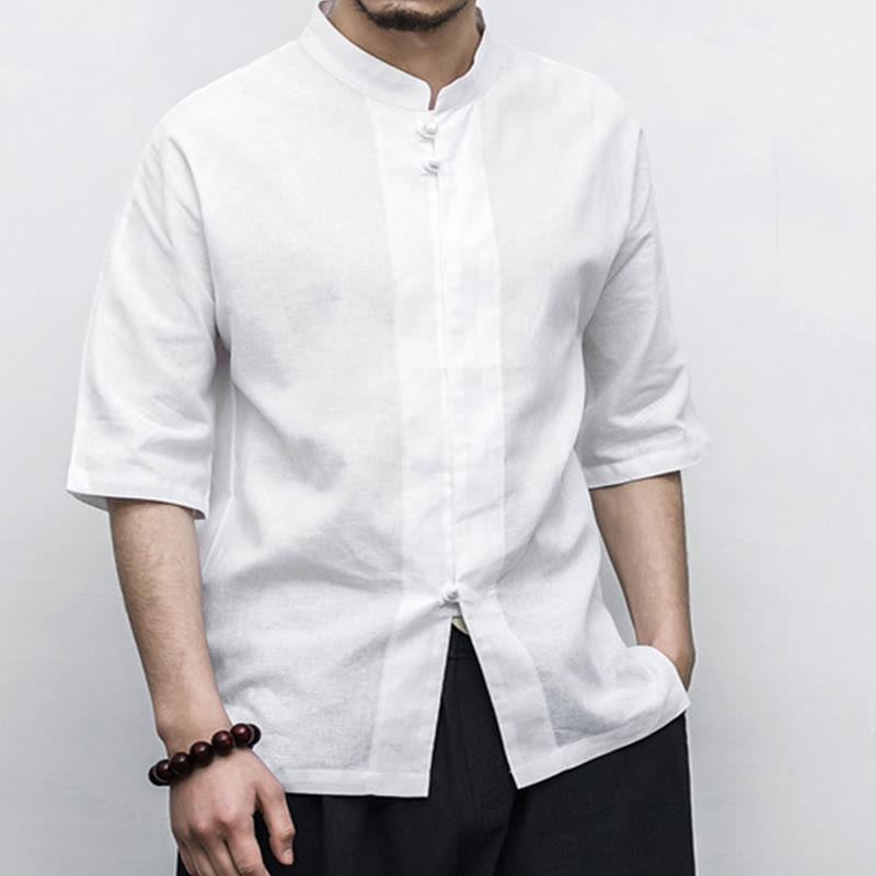 Chinese Frog-Button Tang Suit Zen Half Sleeve Shirt Linen Men Clothing