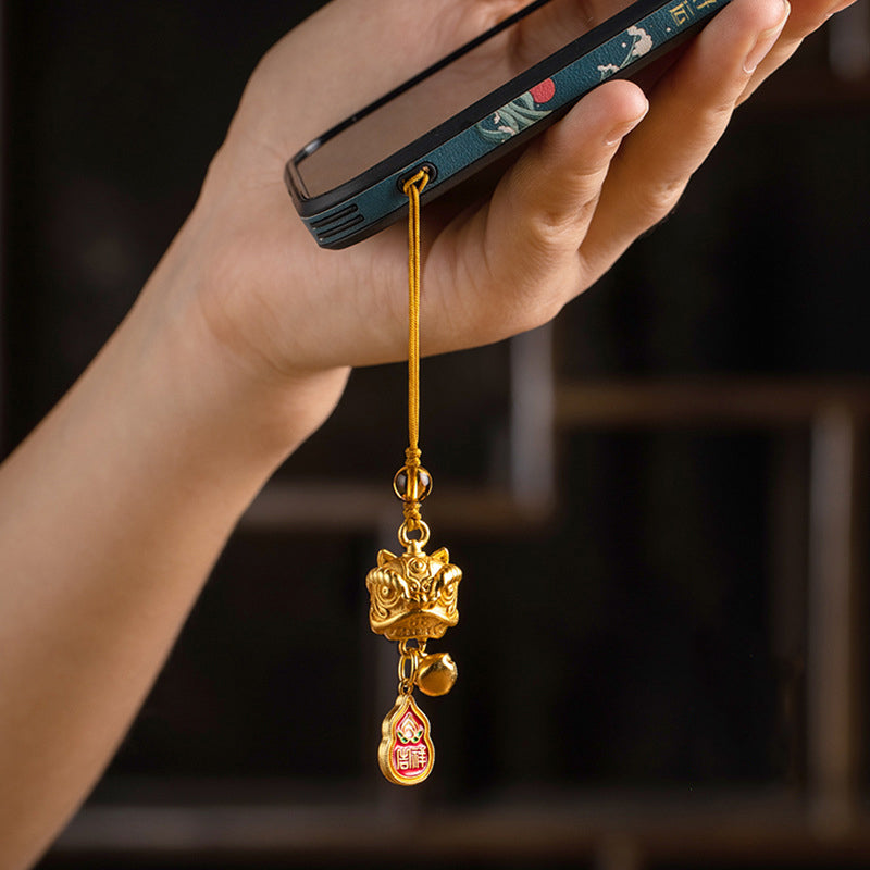 Dancing Guardian Lion Brass Copper Phone Charm with Ping An Kou & Ruyi Symbols