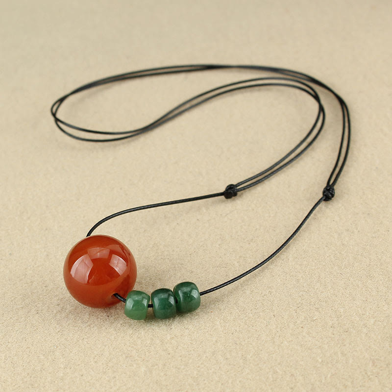 Red Agate Green Aventurine Green Bodhi Seed Bead Calm Leather Rope Necklace Pendant