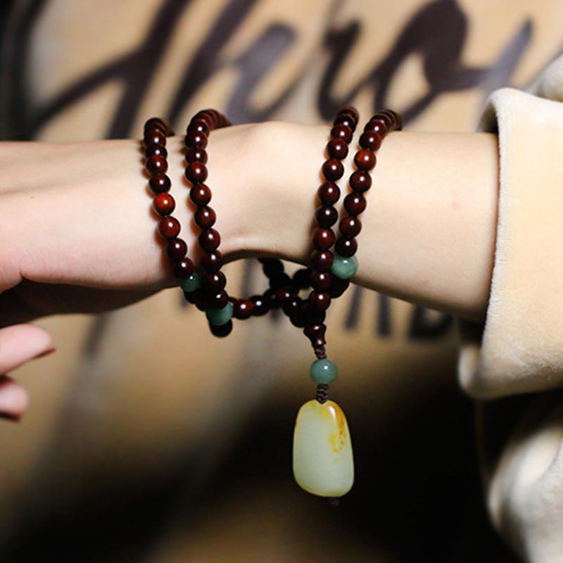 Tibetan Small Leaf Red Sandalwood Jade Mala Meditation Bracelet