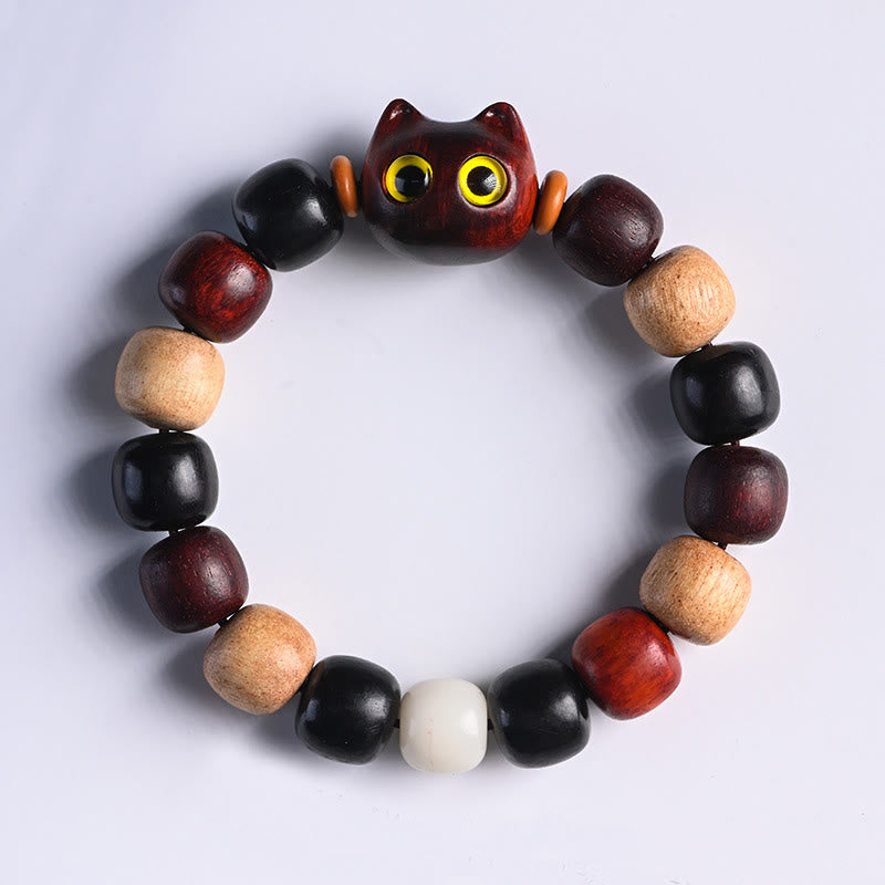 Small Leaf Red Sandalwood Ebony Wood Cute Cat Engraved Protection Bracelet