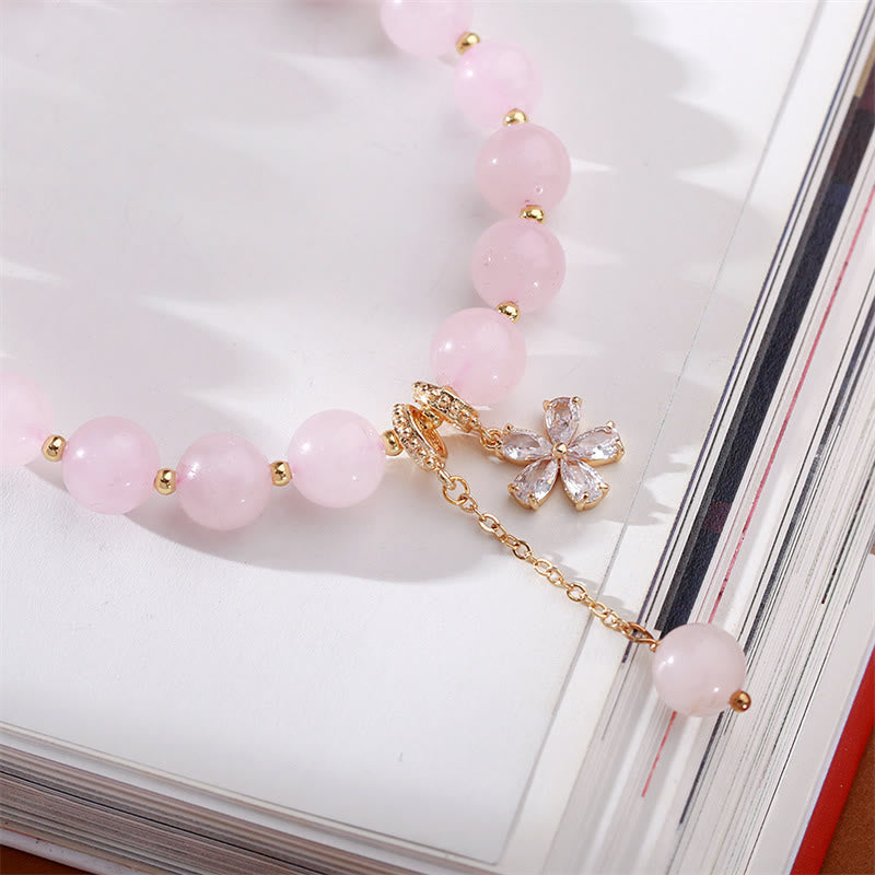 Natural Rose Quartz and Gold Copper Plum Blossom Beaded Bracelet