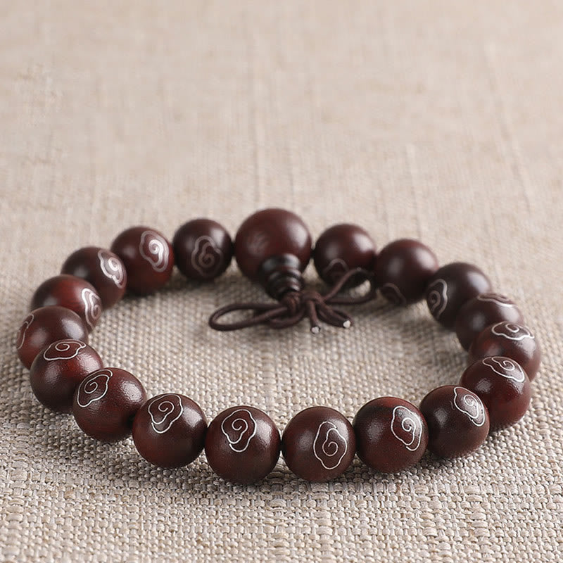 925 Sterling Silver Inlaid Small Leaf Red Sandalwood Om Mani Padme Hum Character Auspicious Clouds Protection Bracelet