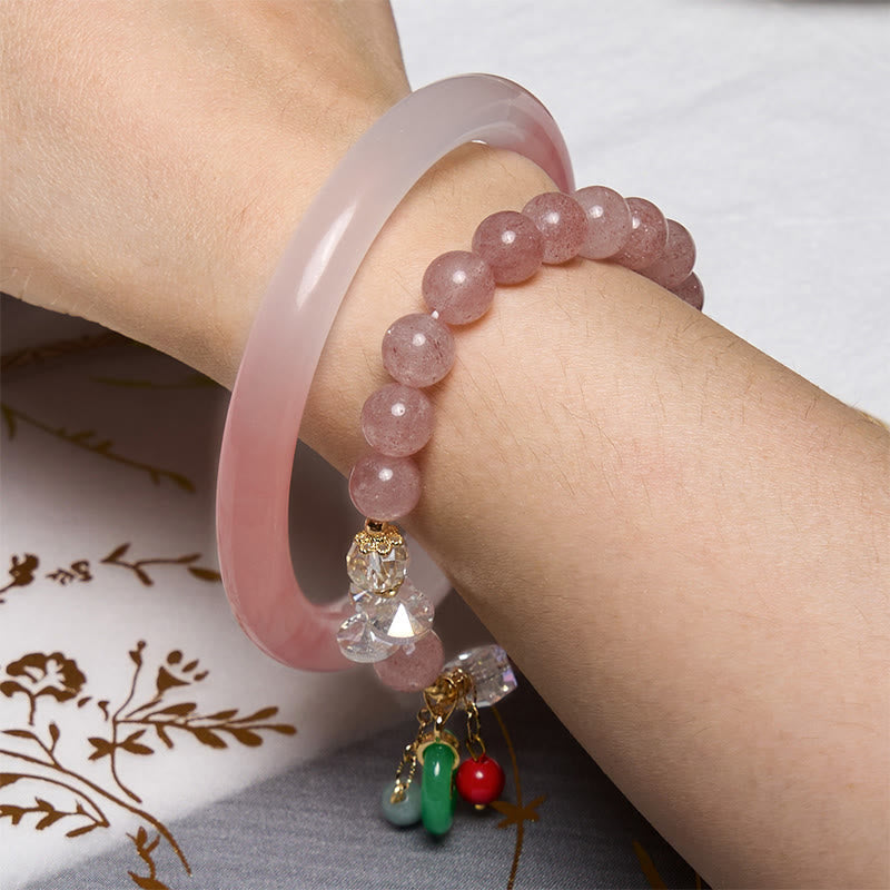 Pink Golden Silk Jade Bangle & Strawberry Quartz Beaded Bracelet Bundle Set