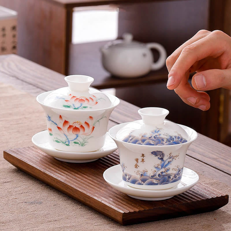 White Porcelain Mountain Landscape Countryside Ceramic Gaiwan Teacup Kung Fu Tea Cup And Saucer With Lid