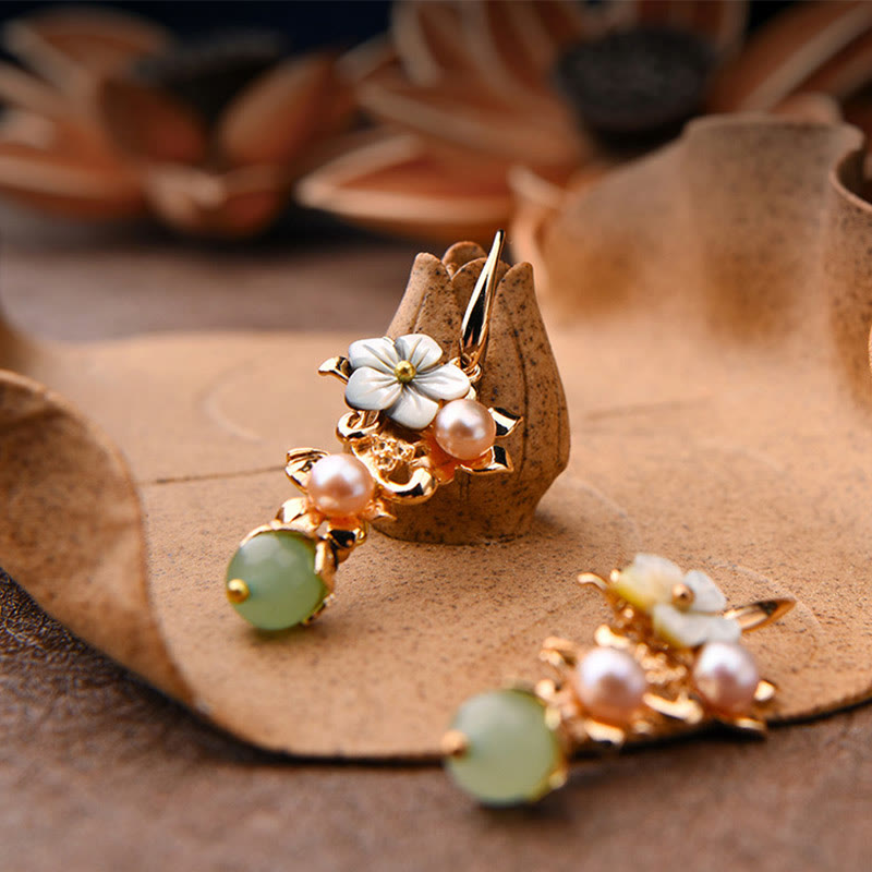 14K Gold Plated Tridacna Flower Pearl and Gemstone Drop Earrings