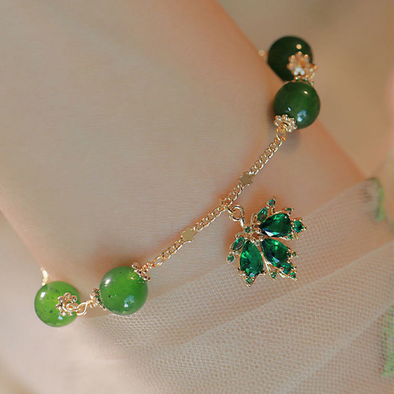 14k Gold Plated Green Chalcedony Maple Leaf Courage Strength Bracelet