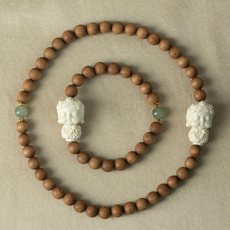 Sandalwood Hetian Jade Ivory Fruit Green Tara Protection Bracelet