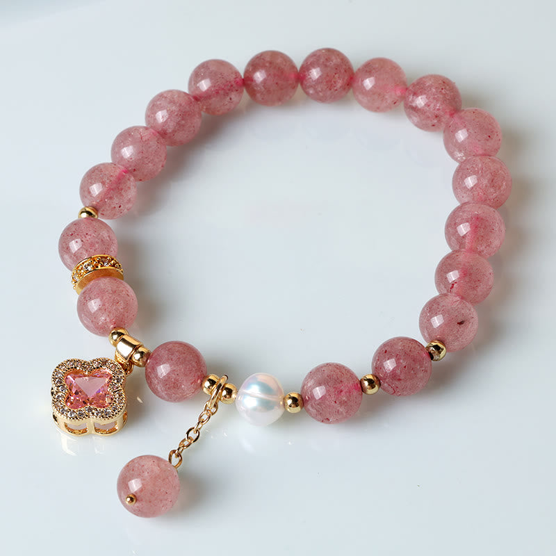 Strawberry Quartz Pearl Four Leaf Clover Charm Healing Bracelet