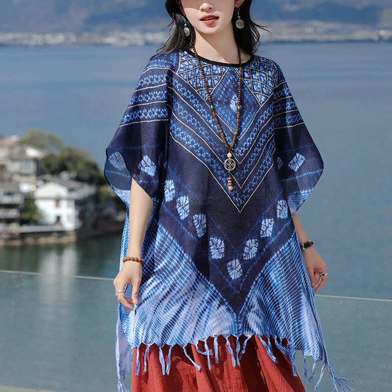 Soft-Touch Blue Geometric Batik Meditation Pullover Shawl