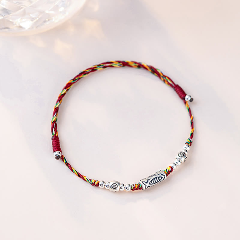 Braided Red String & 925 Sterling Silver Koi Fish Adjustable Bracelet Anklet