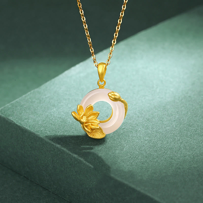 Natural White Chalcedony Peace Buckle Lotus Pendant S925 Sterling Silver Necklace