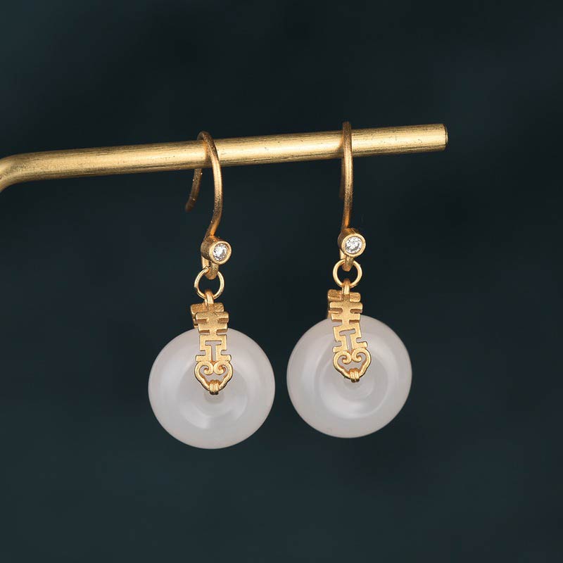 White Jade Double Happiness Fortune Earrings