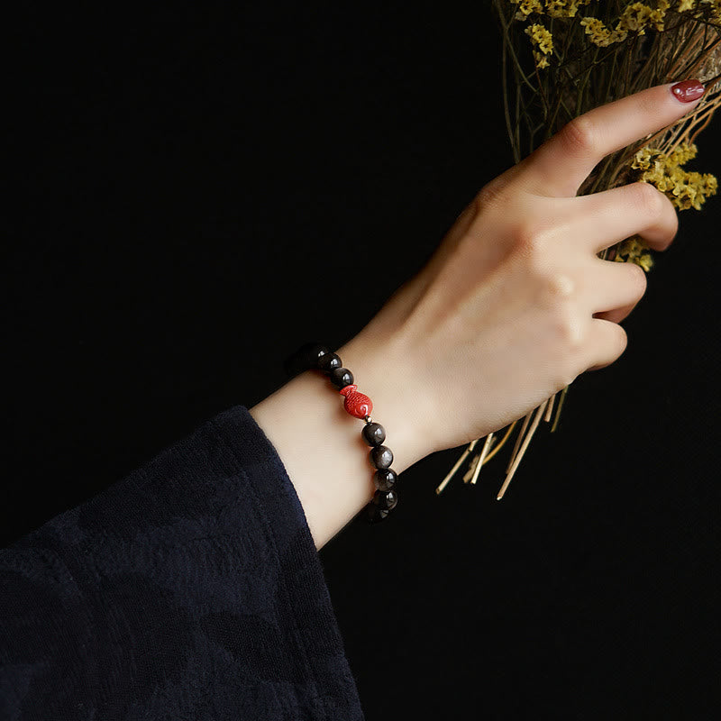 Natural Silver Sheen Obsidian & Cinnabar Koi Fish Beaded Bracelet