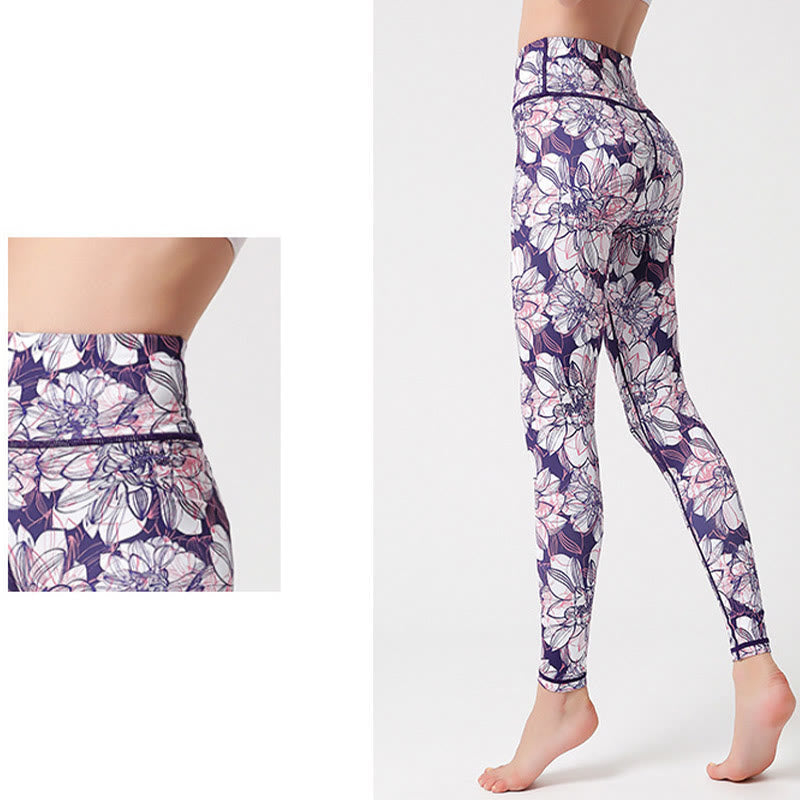 Colorful Flower Petal Leaves Print Sports Exercise Fitness High Waist Leggings Women's Yoga Pants