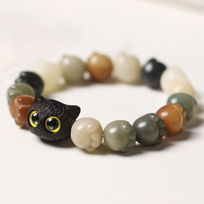 Natural Bodhi Seed Lovely Paw Ebony Wood Lucky Cat Wisdom Bracelet