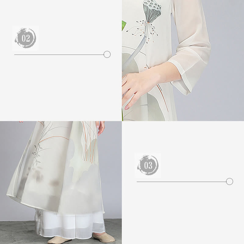 Lotus Flower Pod Chiffon Cheongsam Midi Dress Meditation Zen Practice Clothing