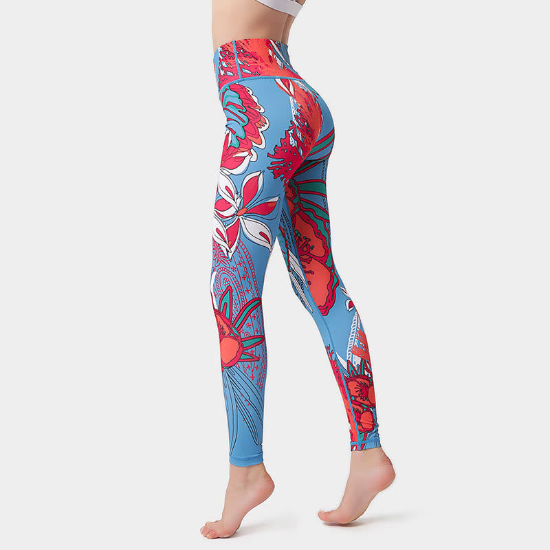 Colorful Flower Petal Leaves Print Sports Exercise Fitness High Waist Leggings Women's Yoga Pants