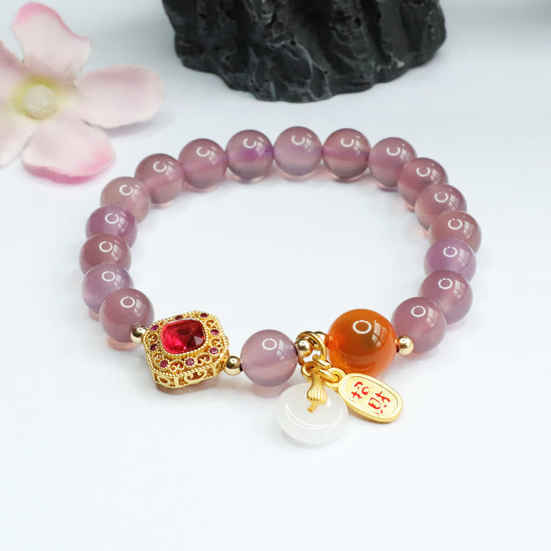 Natural Purple Chalcedony Candy Agate Peace Buckle Harmony Lucky Fortune Charm Bracelet
