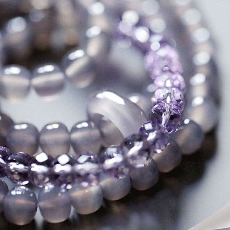 Natural Amethyst and Agate Crystal Beaded Meditation Bracelet