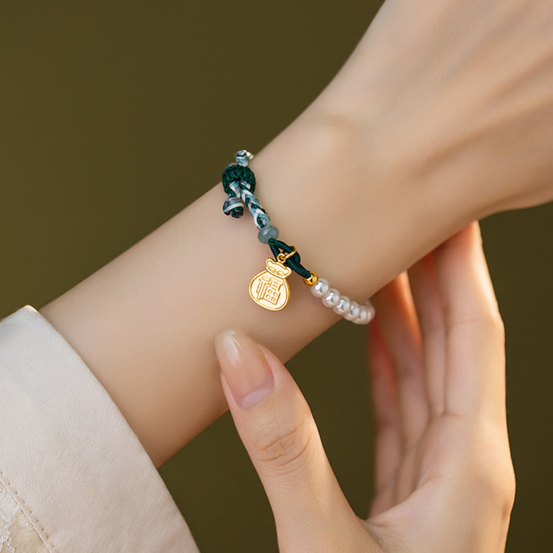 925 Sterling Silver Hetian Jade & Pearl Fu Wealth Bag Adjustable Rope Bracelet