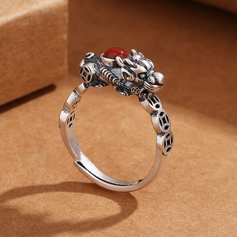 PiXiu Copper Coin Red Agate Wealth Luck Ring
