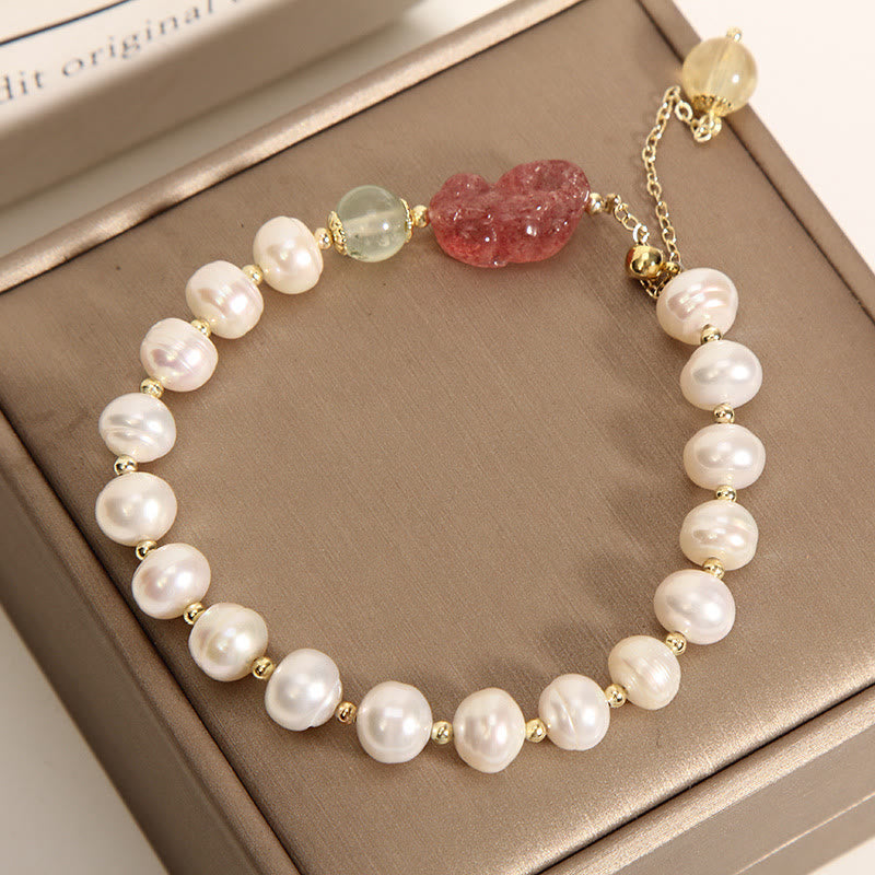 Natural Pearl Strawberry Quartz PiXiu Optimism Charm Bracelet