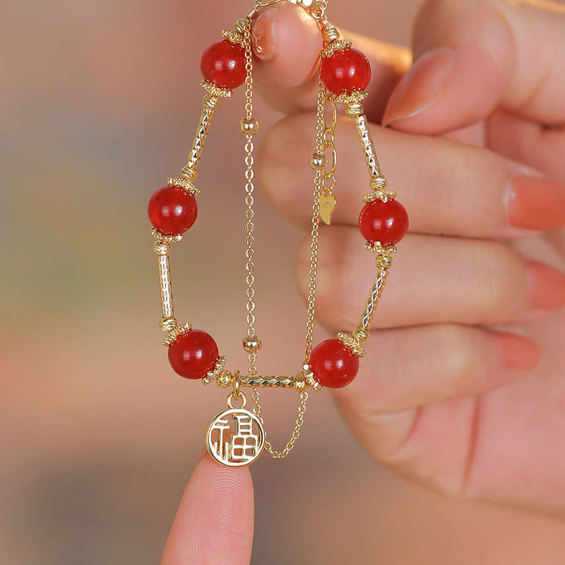 Red Agate and Copper Fu Character Charm Bracelet for Self-Acceptance
