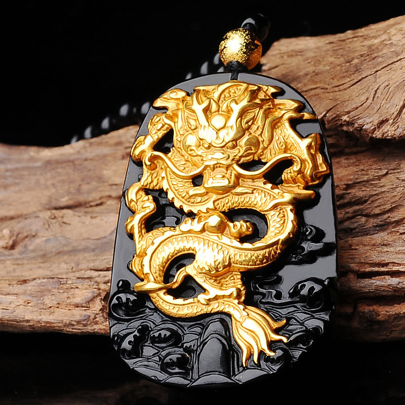 18k Gold-plated Dragon Obsidian Lucky Pendant Necklace