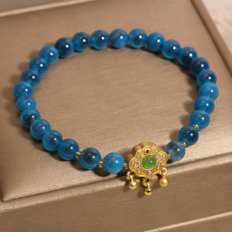 Vibrant Blue Candy Agate and Green Quartz Longevity Lock Charm Bracelet