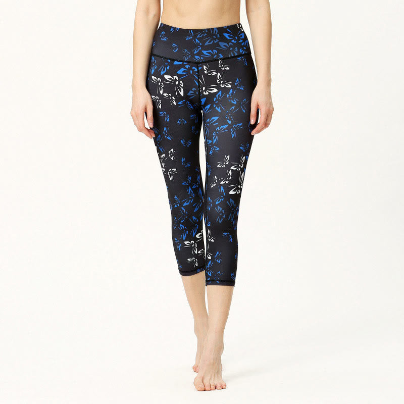 Leaves Butterfly Print Sports Yoga Cropped Leggings Women's Yoga Capri Pants
