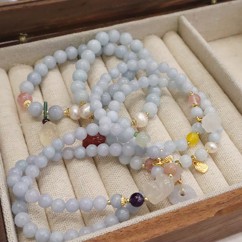 Natural Aquamarine & Chalcedony Beaded Charm Bracelet with Pearl & Symbolic Accents